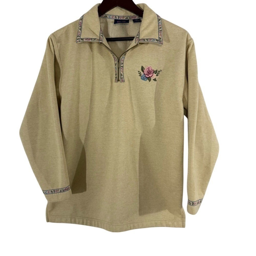 Embroidered Cream Quarter Zip Womens Medium 90s Floral Trim